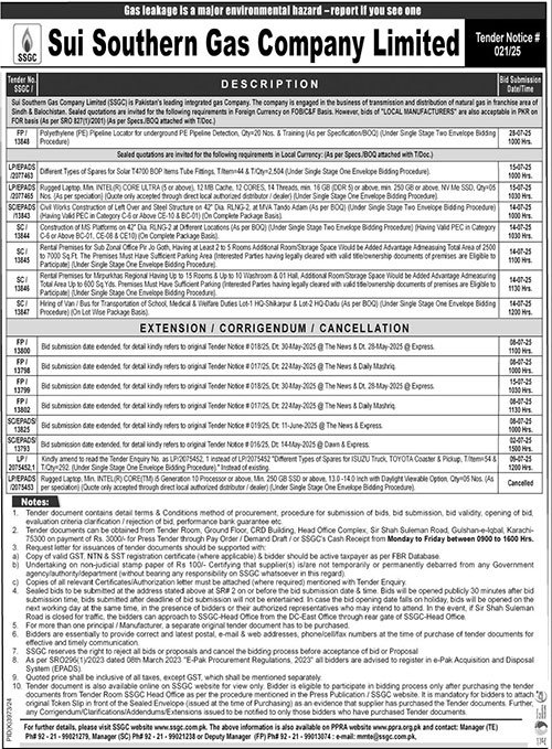 Sui Southern Gas Company Limited Tender Notice